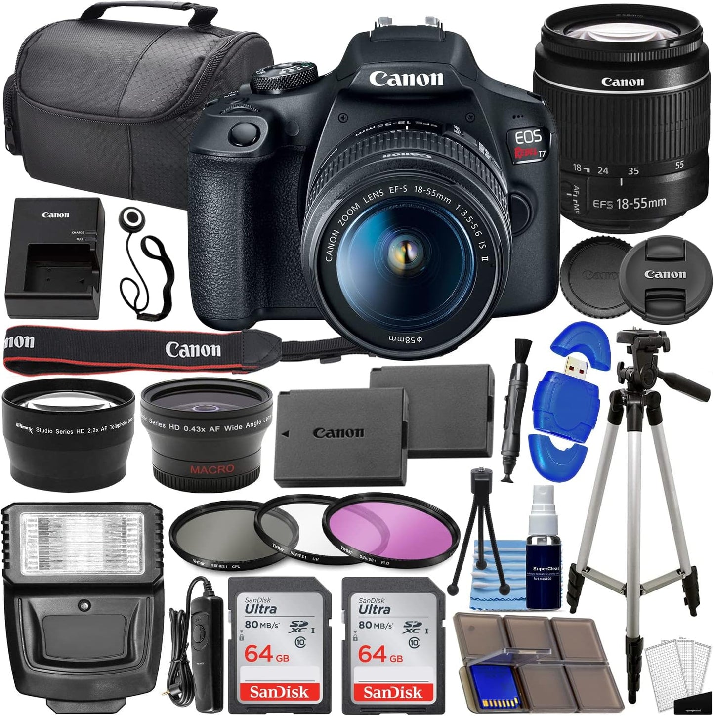 Canon EOS Rebel T7 DSLR Camera Bundle w/ Canon EF-S 18-55mm f/3.5-5.6 is II Lens + 2pc SanDisk 64GB Memory Cards, Wide Angle Lens, Telephoto Lens, 3pc Filter Kit + Bundle It Better Kit