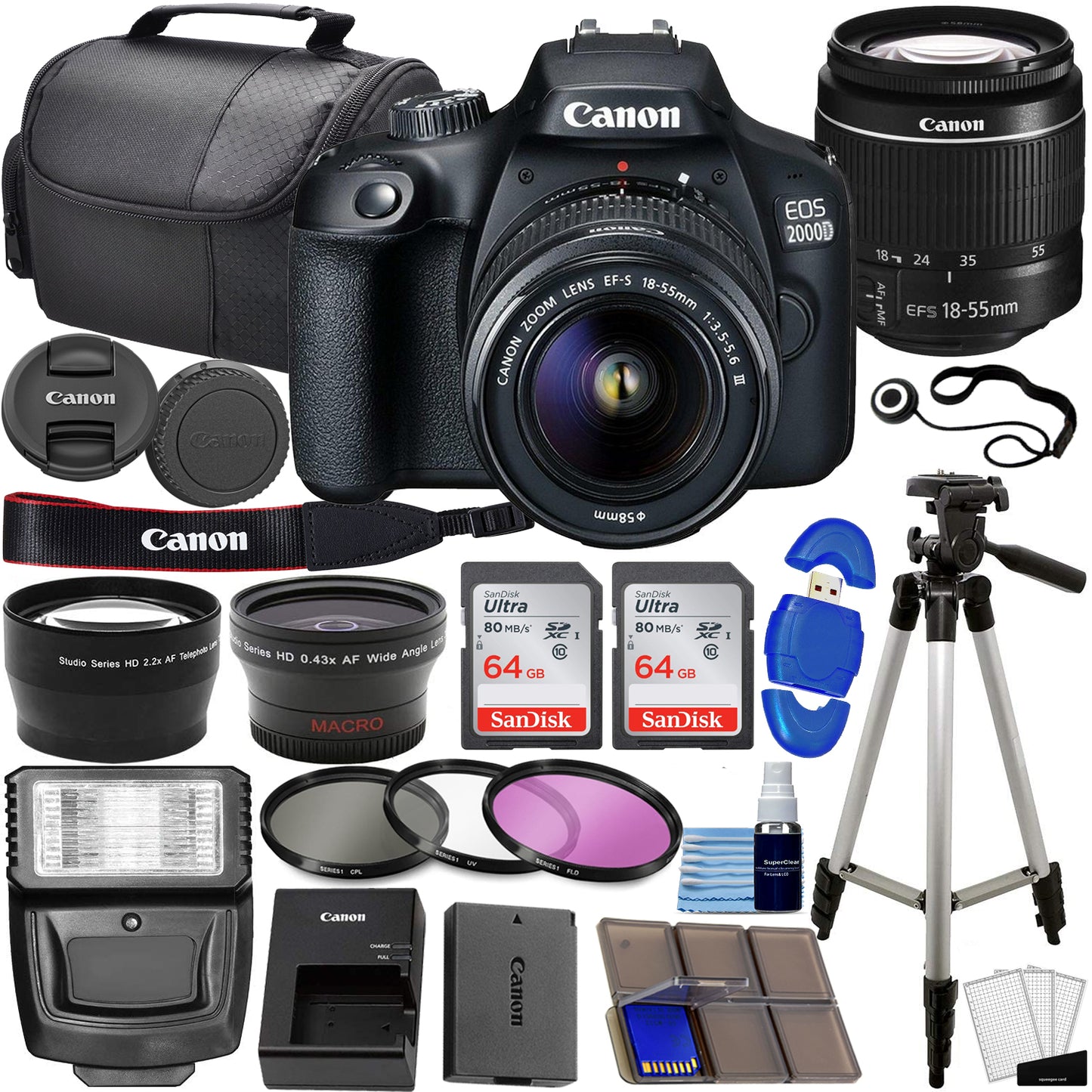 Canon EOS 2000D / Rebel T7 DSLR Camera w/EF-S 18-55mm f/3.5-5.6 Lens 3 Lens Kit Bundled with 128GB Memory + Wide Angle Lens + Telephoto Lens + Flash + Bundle It Better Kit