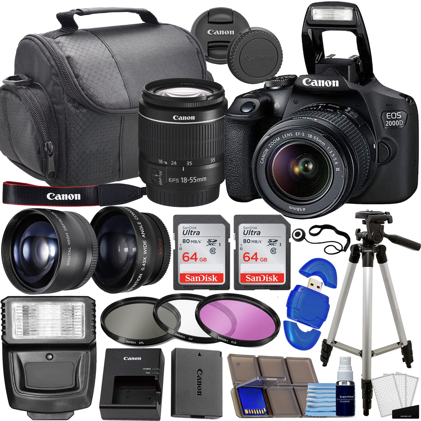 Canon EOS 2000D / Rebel T7 DSLR Camera w/EF-S 18-55mm f/3.5-5.6 Lens 3 with 2x 64GB Memory Card + Wide Angle Lens + Telephoto Lens + Flash + Bundle It Better Kit