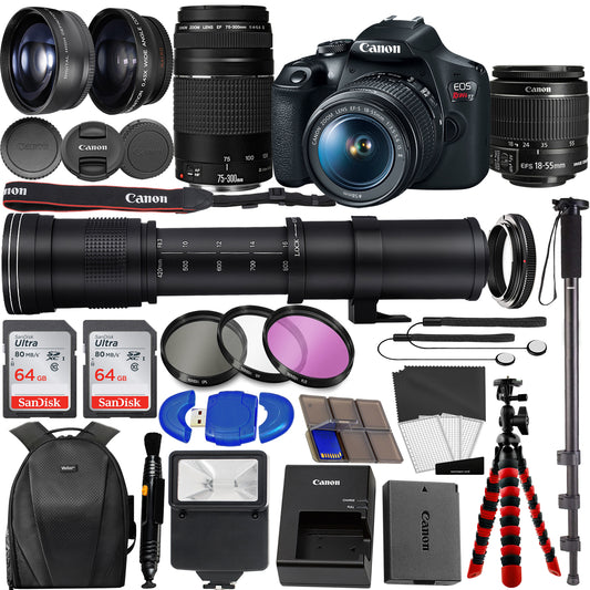 Canon EOS Rebel T7 DSLR Camera with 18-55mm is II Lens Bundle + Canon EF 75-300mm f/4-5.6 III Lens + 420-800mm HD SuperZoom Lens + 128GB Memory + Filters + Flash + Monopod + Bundle It Better Kit