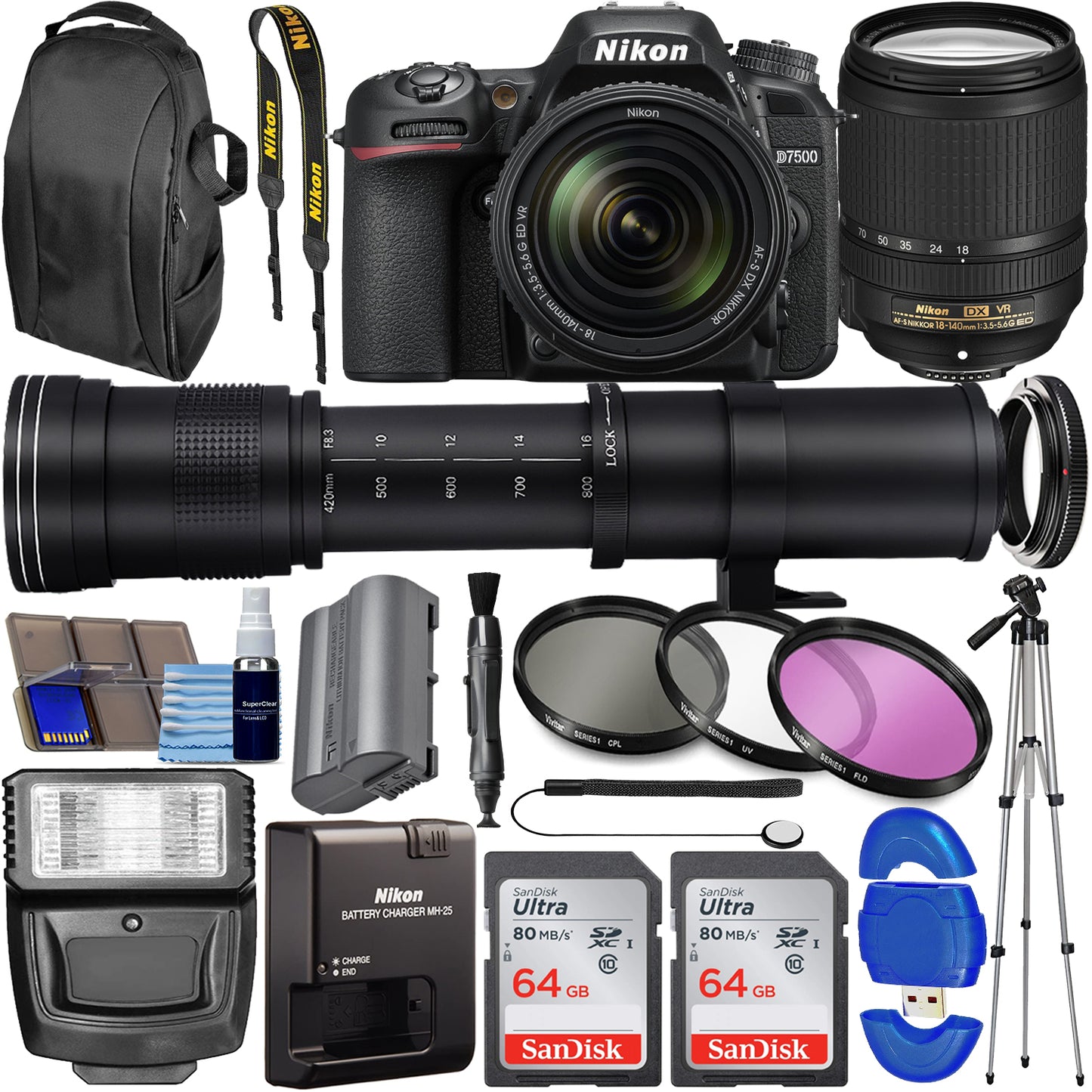 Nikon D7500 DSLR Camera with 18-140mm VR Lens (1582) + 420-800mm Super Zoom Lens, 128GB Memory + 3 Piece Filter Kit, Photo Backpack + Bundle It Better Kit